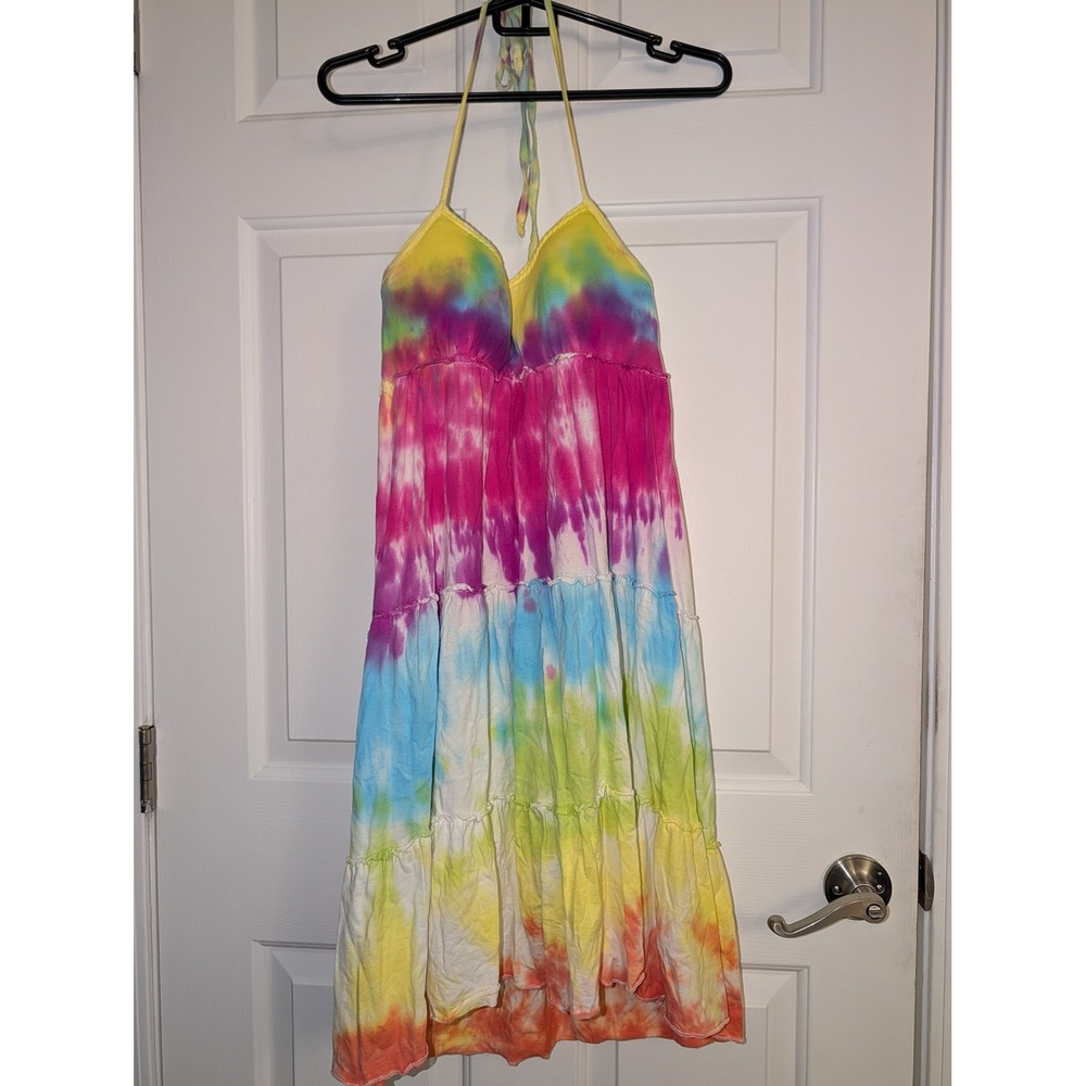 LEI Rainbow Tie Dye Halter Dress Cotton Tiered Y2K Boho Sun Dress Large